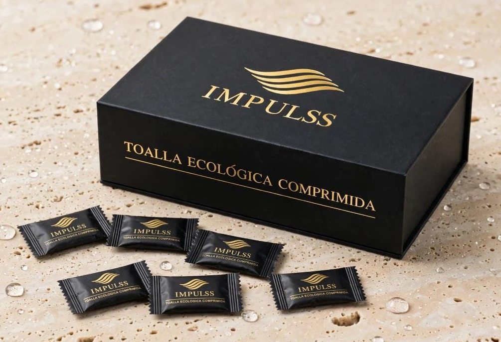Caja regalo IMPULSS negra con logotipo dorado y toallitas comprimidas en sobre individual