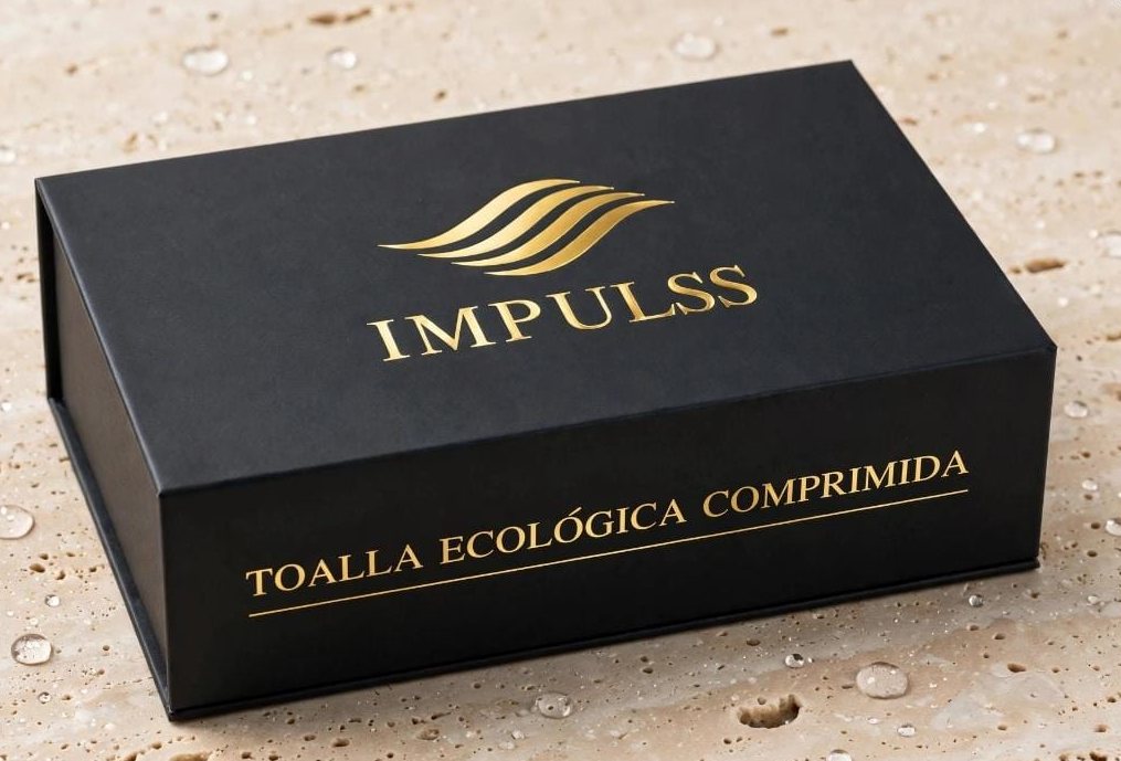 Caja regalo magnética IMPULSS con la inscripción Toalla ecológica comprimida