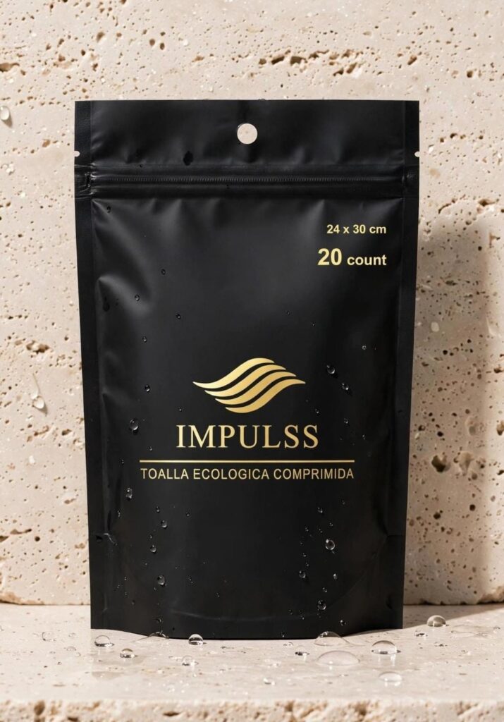 Bolsa IMPULSS de 20 toallitas comprimidas de 24 × 30 cm sobre travertino