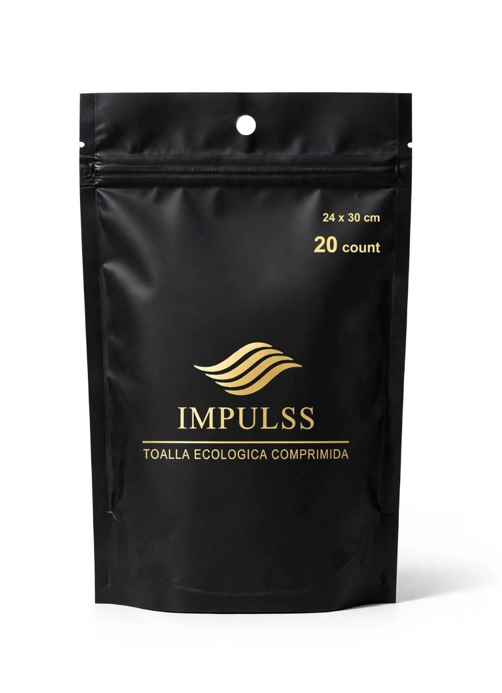 Bolsa negra IMPULSS de 20 toallitas comprimidas de 24 × 30 cm