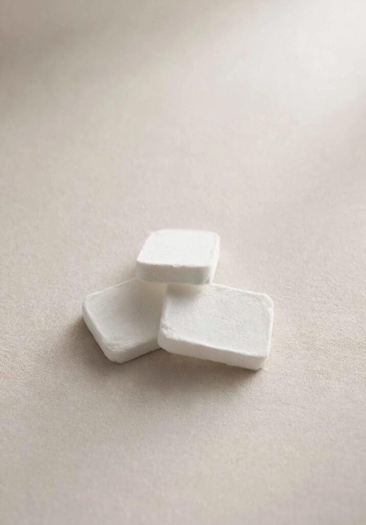 Tres pastillas cuadradas de toallita comprimida IMPULSS antes de mojarlas